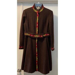 Joseph Magnin Dress Trench Coat Wool Brown Colorful Embrodery Belt Pleated S/M
